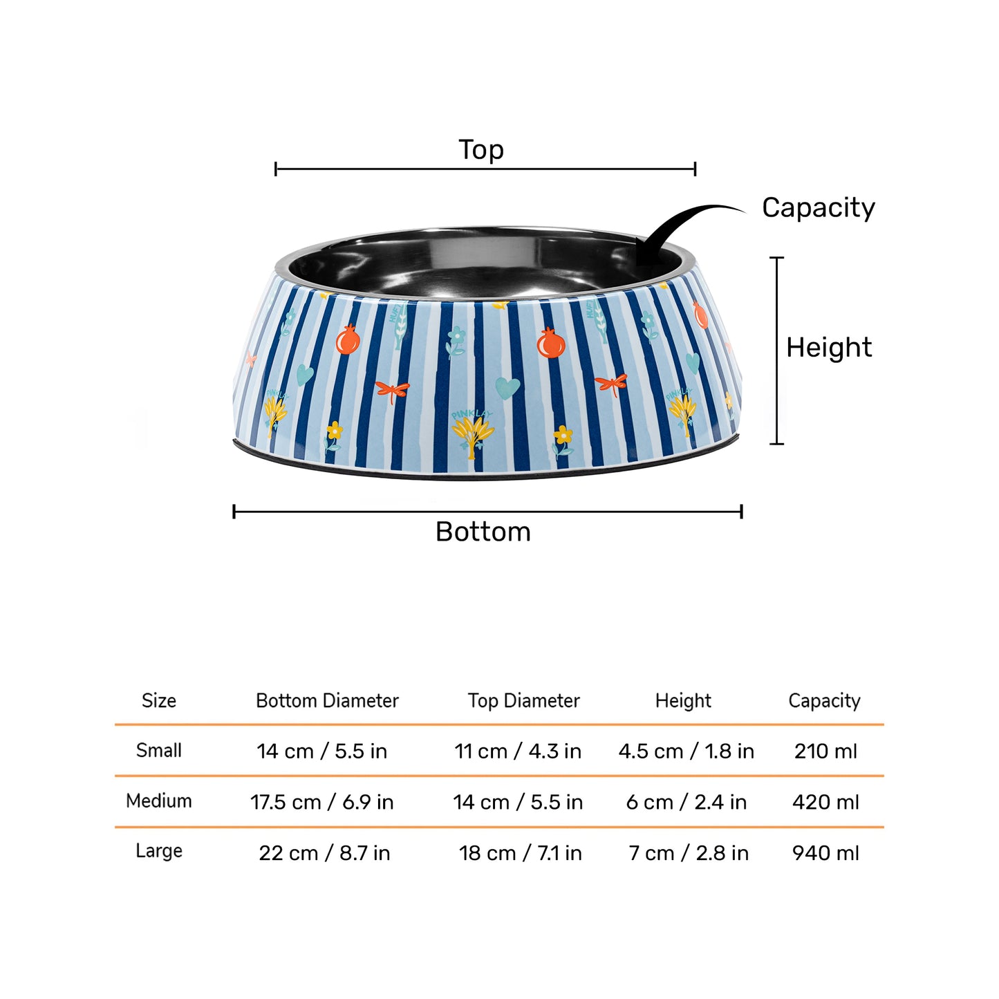 HUFT X Pinklay Strut In Stripes Printed Melamine Bowl With Steel Insert For Dog - Blue - Heads Up For Tails