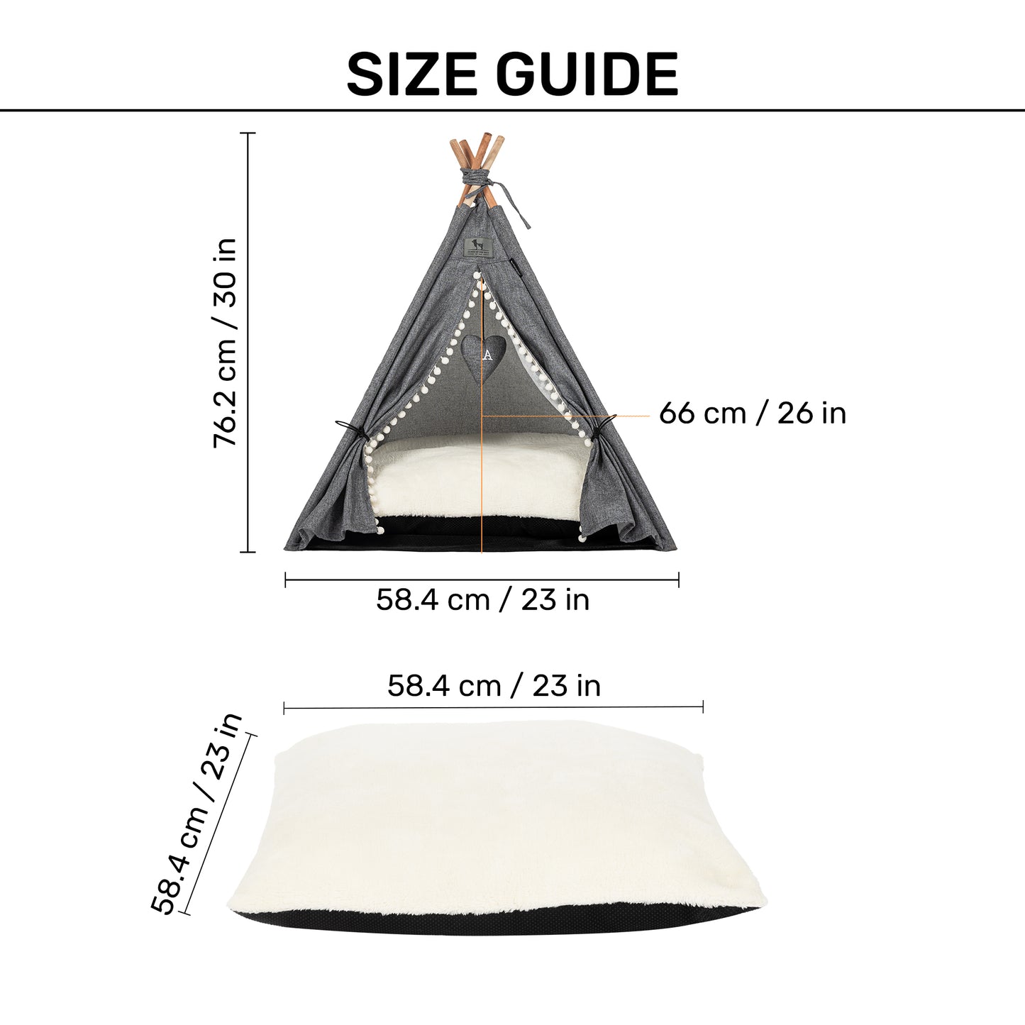 HUFT Personalised Cozy Fort Teepee Tent Bed For Dog & Cat - Charcoal Black - Heads Up For Tails