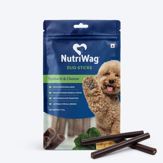 NutriWag Spinach & Cheese Duo Sticks Treats For Dog - 70 gm - Heads Up For Tails