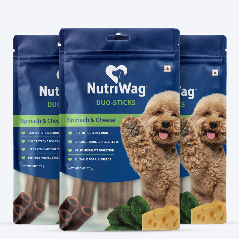 NutriWag Spinach & Cheese Duo Sticks Treats For Dog - 70 gm - Heads Up For Tails