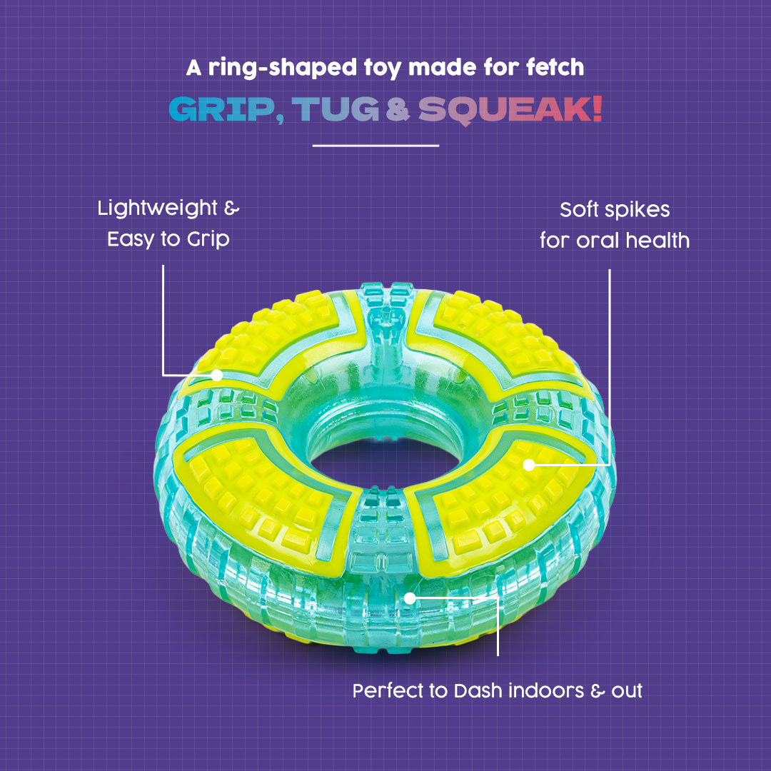 Dash Dog Grab & Gnaw Squeaky Toy For Dog - Neon Green & Blue - Heads Up For Tails