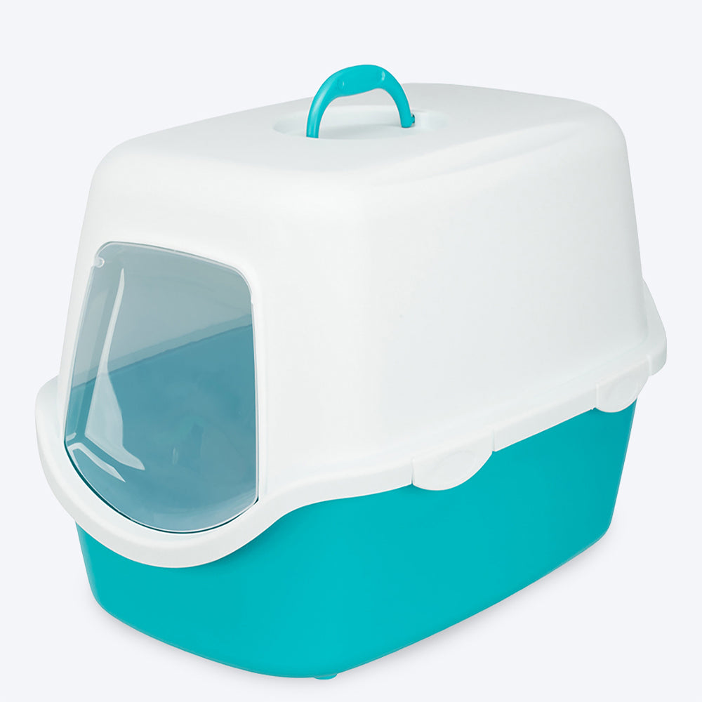 Trixie Vico Cat Litter Tray with Hood - Turquoise/White - 23 x 16 x 16 inch - Heads Up For Tails
