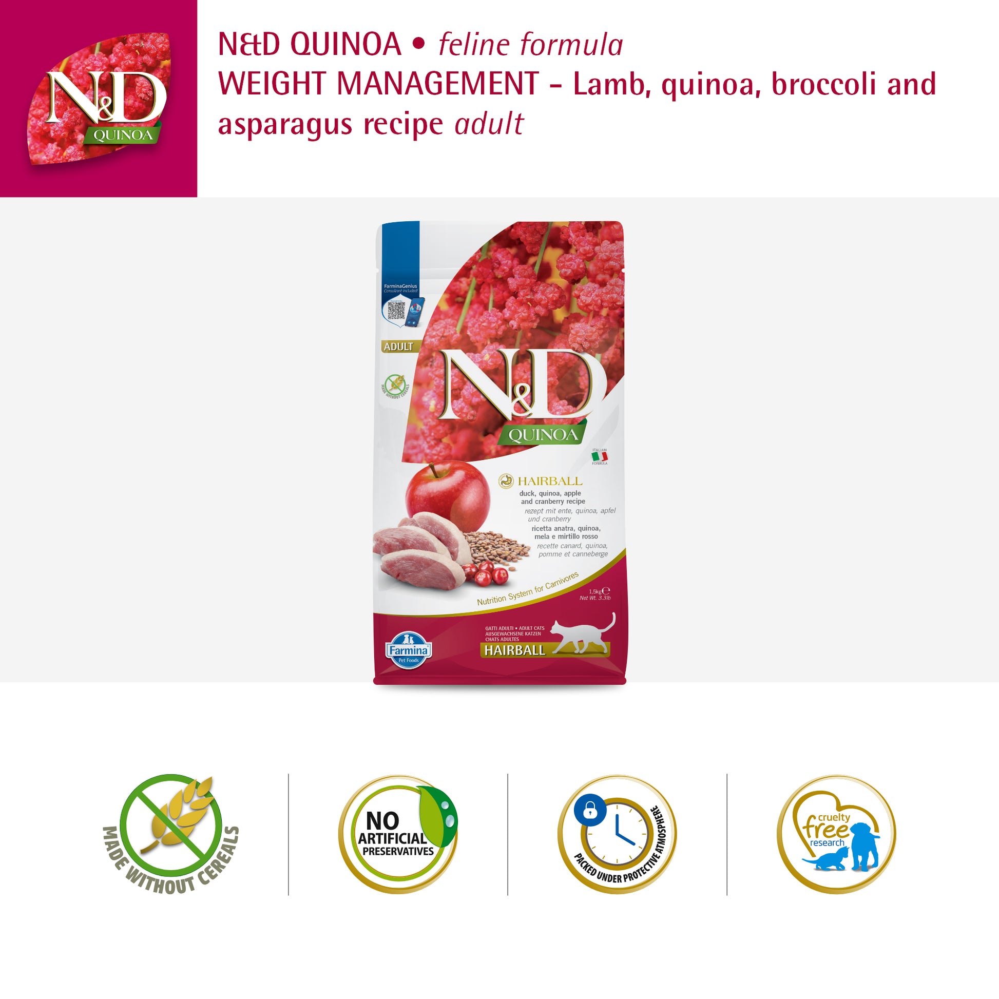 Farmina N&D Quinoa Hairball Dry Food For Adult Cat - 1.5 kg - Heads Up For Tails