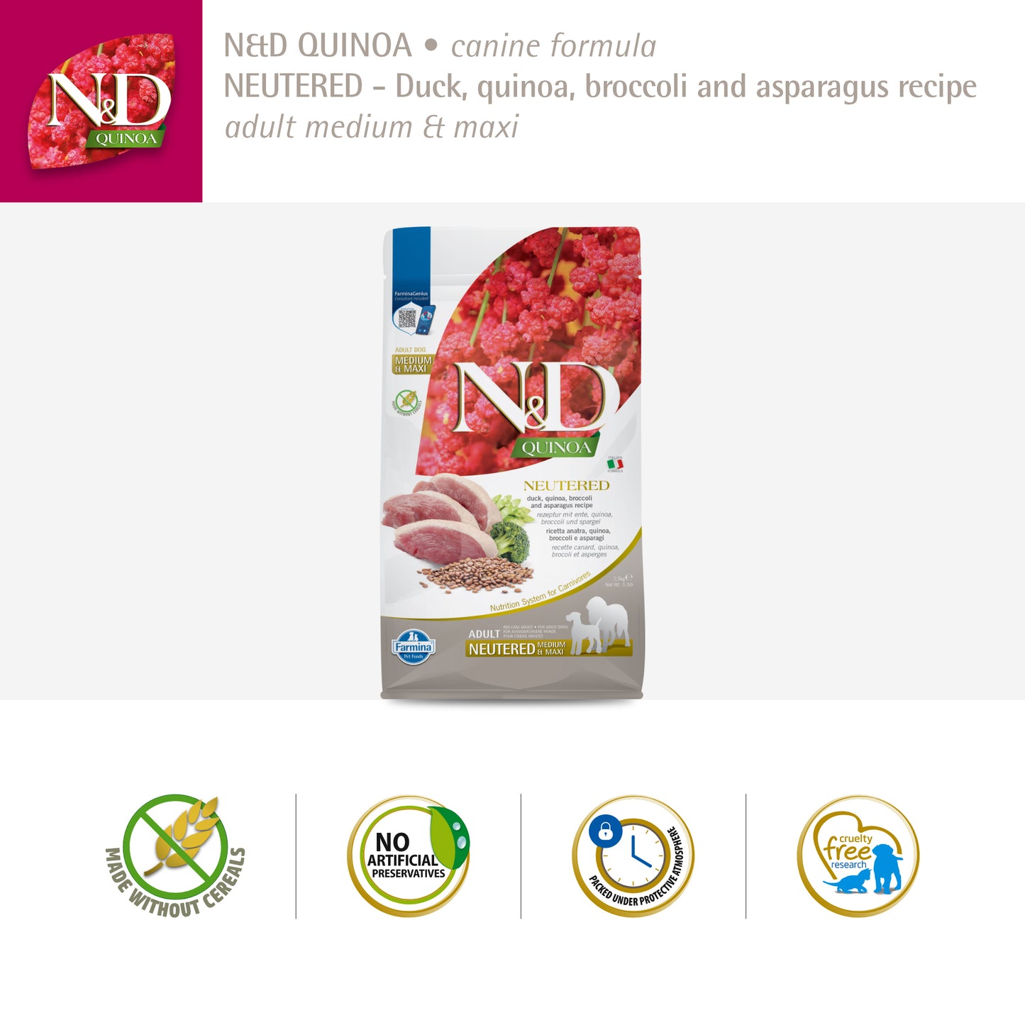 Farmina N&D Quinoa Neutered Duck, Broccoli & Asparagus Dry Food For Adult Dog - Medium & Maxi Breed - 2.5 kg - Heads Up For Tails