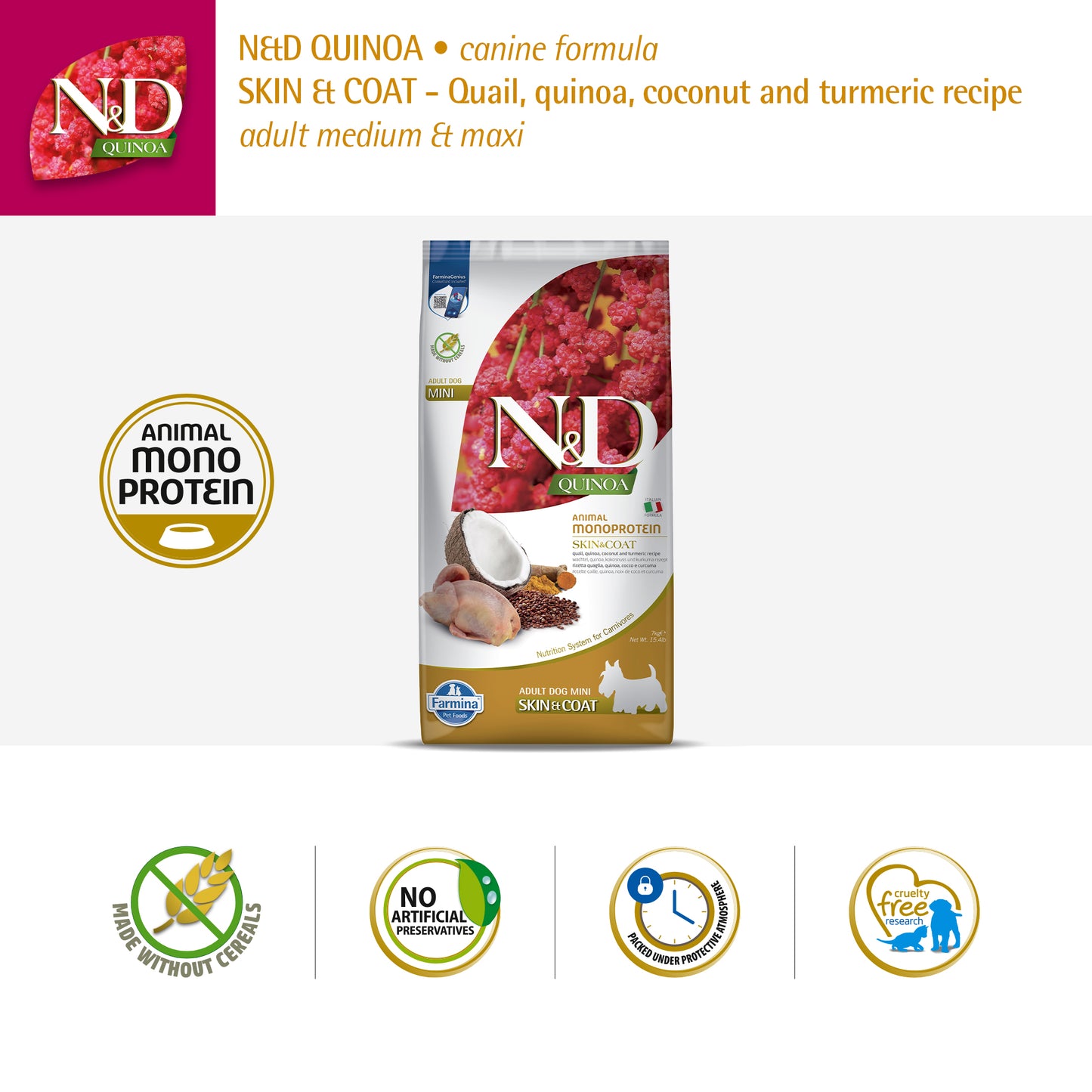 Farmina Quinoa Animal Monoprotein Skin & Coat Dry Food For Medium & Maxi Breed Adult Dry Dog Food - 7 kg - Heads Up For Tails