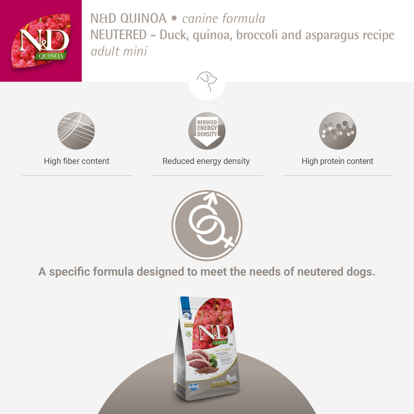 Farmina N&D Quinoa Neutered Duck, Broccoli & Asparagus Dry Food For Mini Breed Adult Dog Dry Food - 2.5 kg - Heads Up For Tails