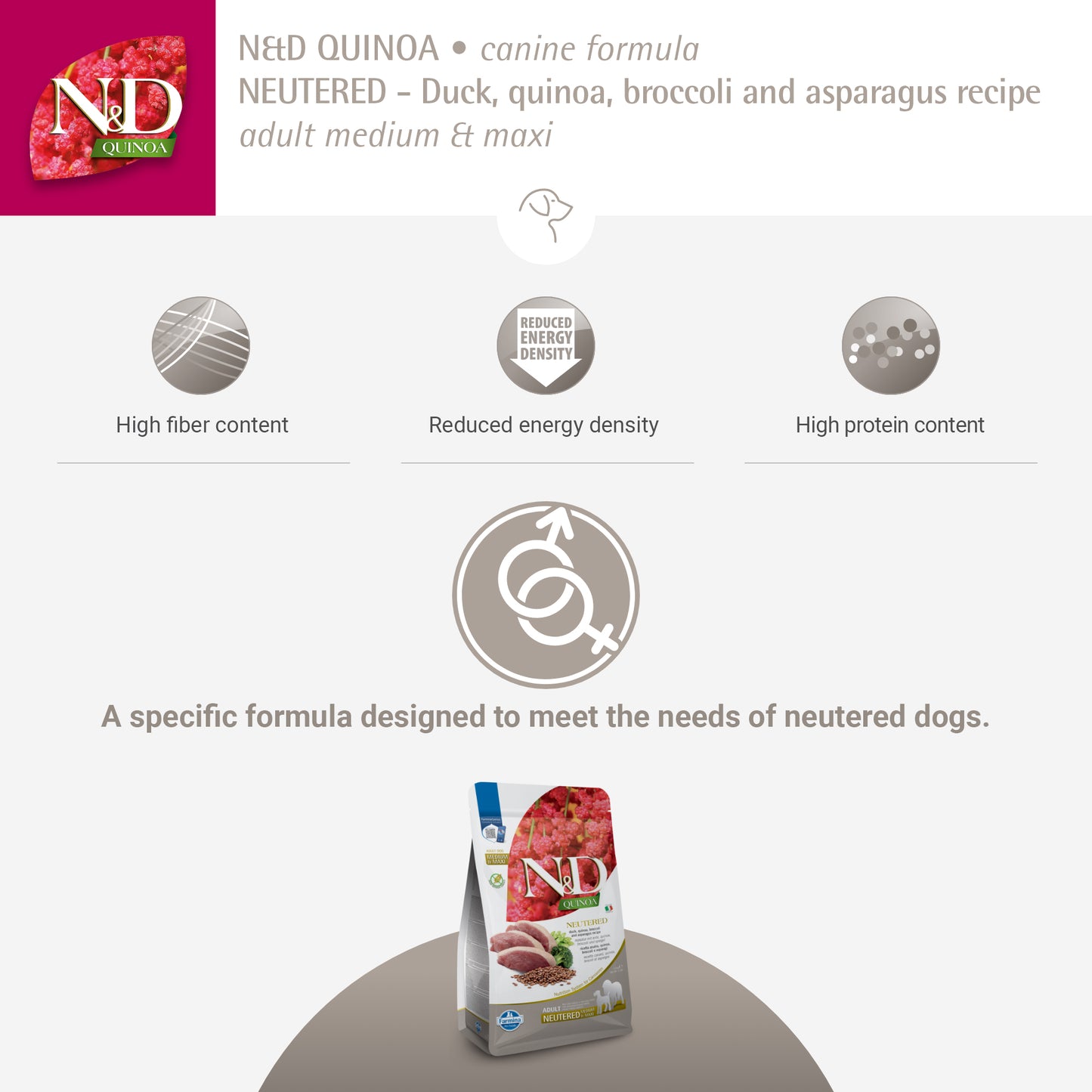 Farmina N&D Quinoa Neutered Duck, Broccoli & Asparagus Dry Food For Adult Dog - Medium & Maxi Breed - 2.5 kg - Heads Up For Tails