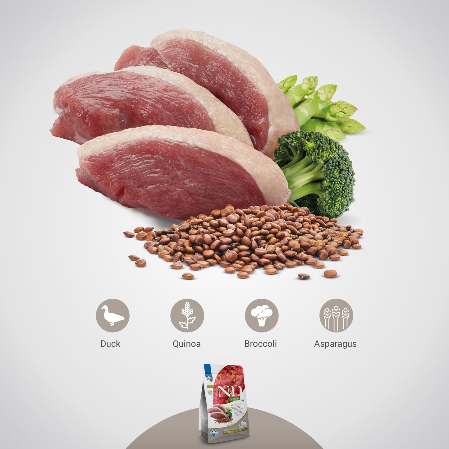 Farmina N&D Quinoa Neutered Duck, Broccoli & Asparagus Dry Food For Adult Dog - Medium & Maxi Breed - 2.5 kg - Heads Up For Tails