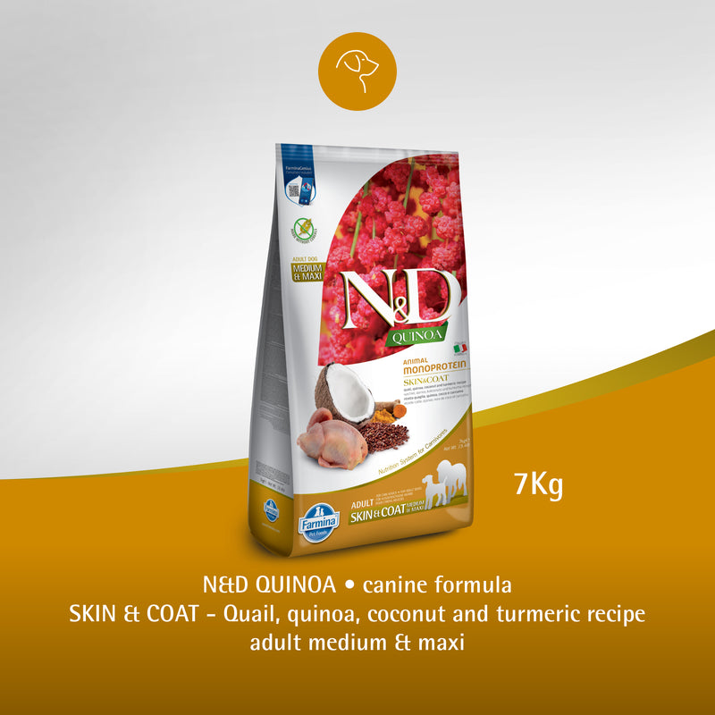 Farmina Quinoa Animal Monoprotein Skin & Coat Dry Food For Medium & Maxi Breed Adult Dry Dog Food - 7 kg - Heads Up For Tails