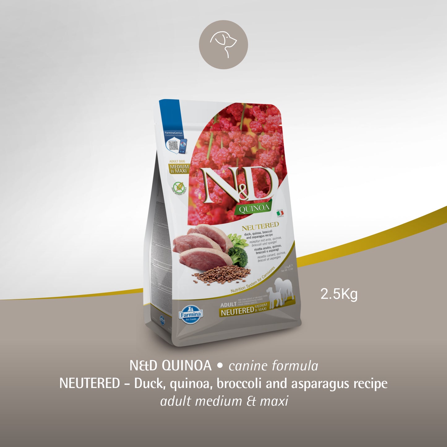 Farmina N&D Quinoa Neutered Duck, Broccoli & Asparagus Dry Food For Adult Dog - Medium & Maxi Breed - 2.5 kg - Heads Up For Tails