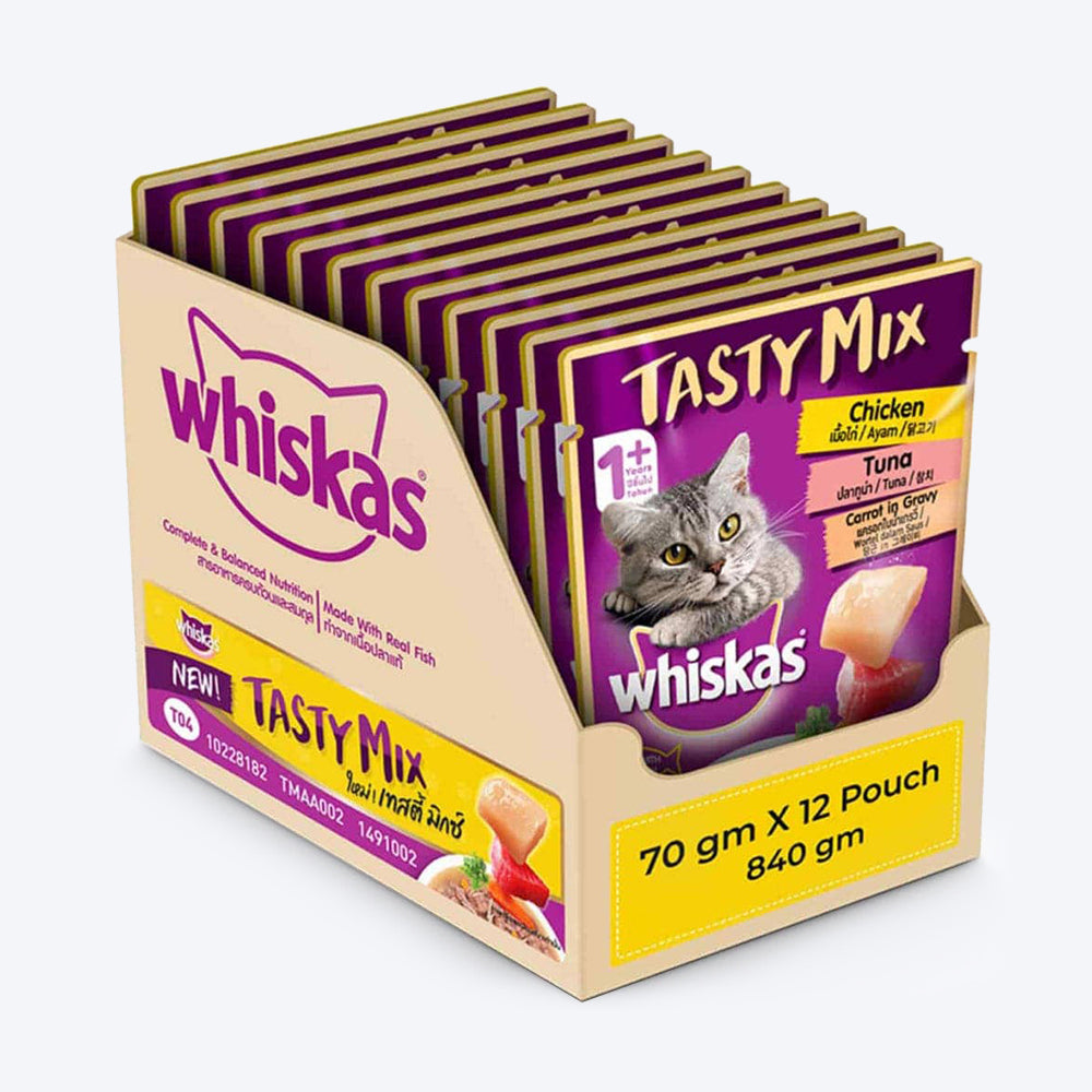 Whiskas Adult (1+ year) Tasty Mix Wet Cat Food Made With Real Fish, Chicken With Tuna And Carrot in Gravy - 70 g packs - Heads Up For Tails