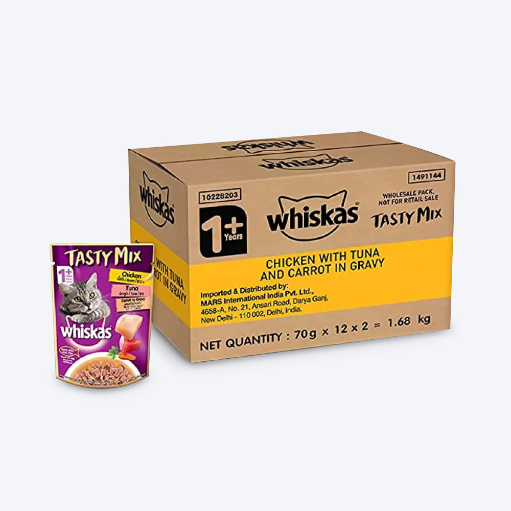 Whiskas Adult (1+ year) Tasty Mix Wet Cat Food Made With Real Fish, Chicken With Tuna And Carrot in Gravy - 70 g packs - Heads Up For Tails
