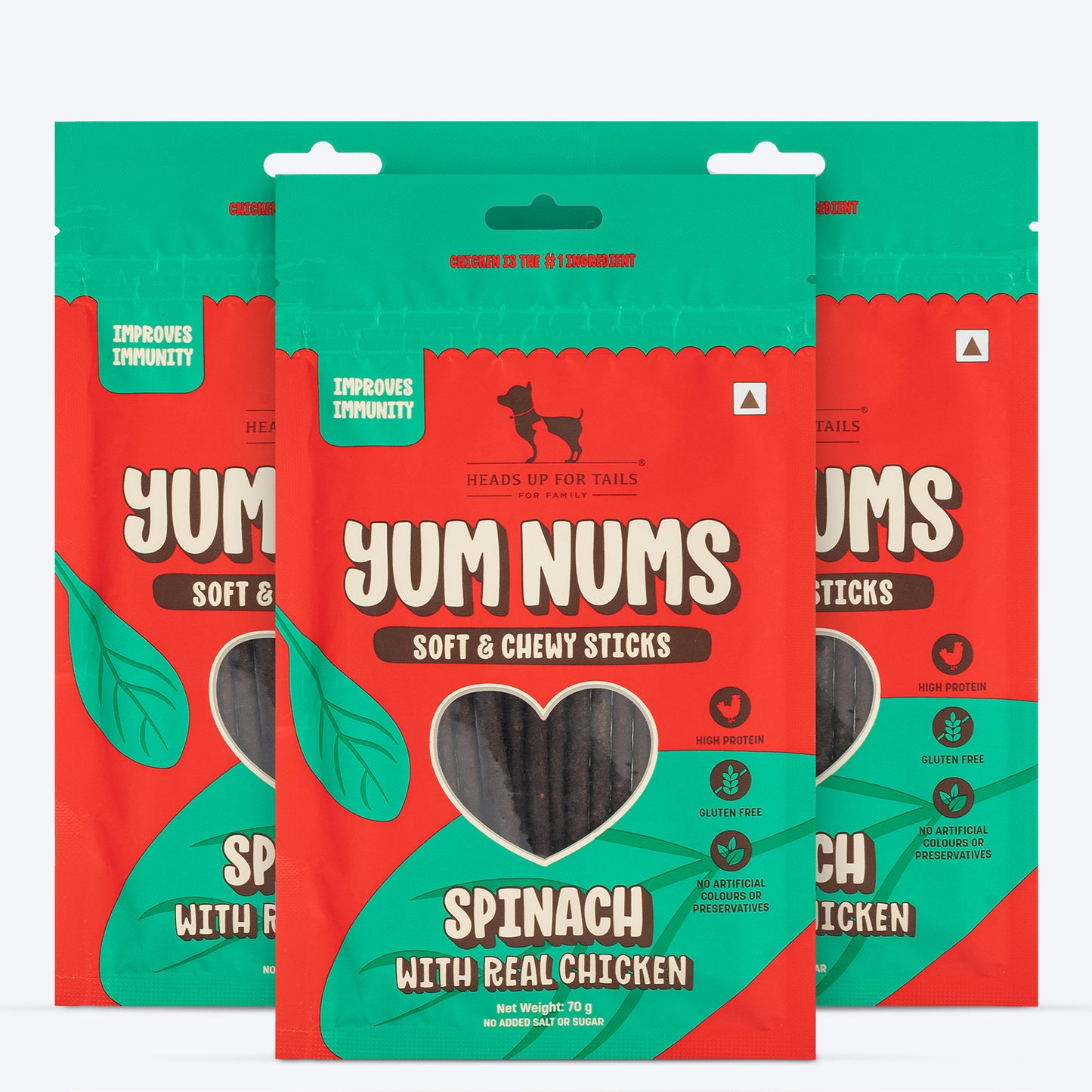 HUFT Yum Nums Dog Treats Soft & Chewy Sticks Spinach With Real Chicken - 70 gm - Heads Up For Tails