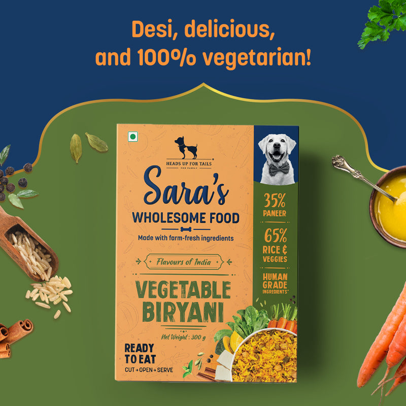 Sara's Wholesome Flavours Of India Vegetable Biryani Dog Wet Food, 300 gm, with 35% paneer and 65% rice & veggies.