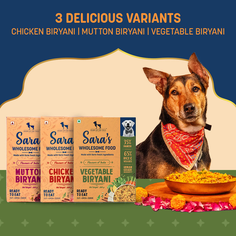 Sara's Wholesome Flavours Of India Vegetable Biryani Dog Wet Food, 300 gm, with 35% paneer and 65% rice & veggies.
