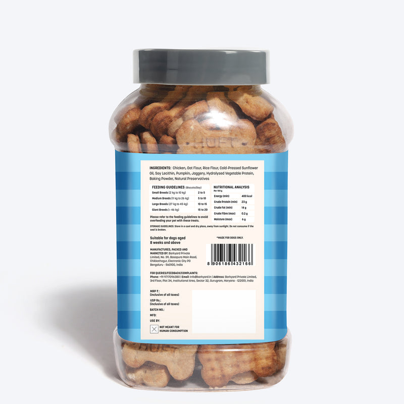 HUFT YIMT Chicken & Oats Gluten-Free Dog Biscuits, 400g jar, with chicken, oats, and pumpkin ingredients. Suitable for dogs