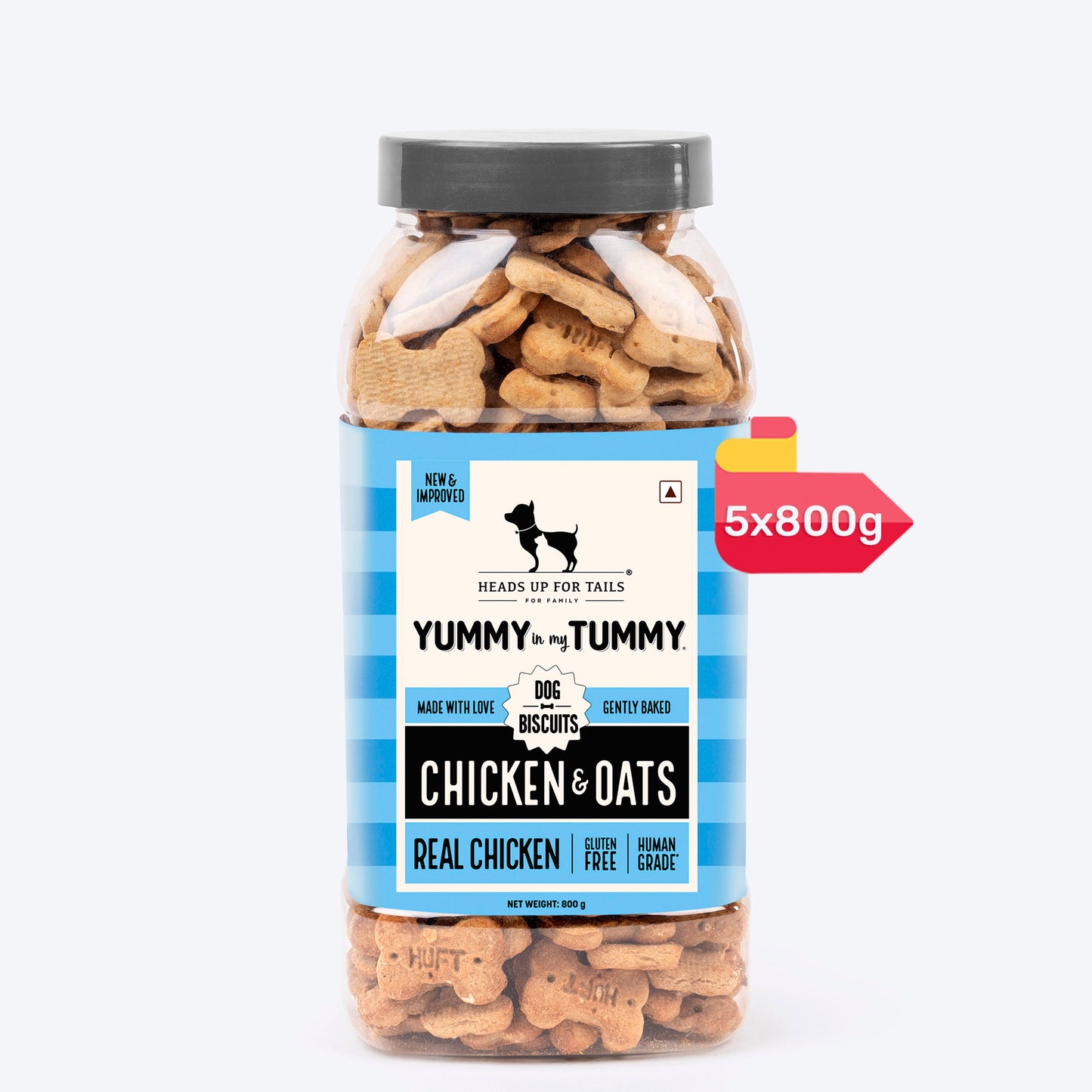Heads Up for Tails Yummy in my Tummy Chicken & Oats dog biscuits, 5-pack of 800g jars, gluten-free, gently baked