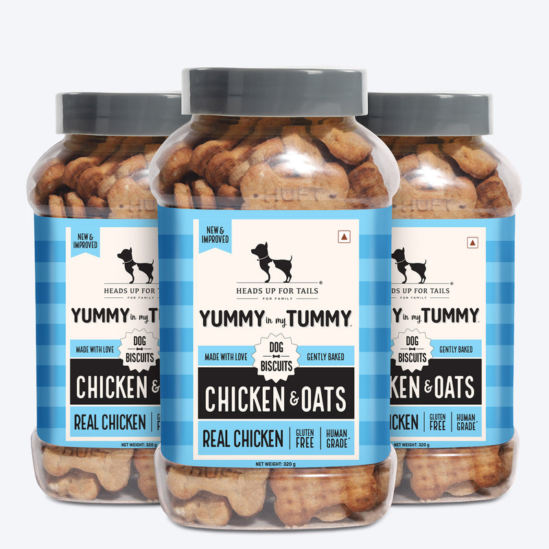 Heads Up for Tails Yummy in my Tummy Chicken & Oats dog biscuits, gluten-free, 320g, in a multi-pack jar