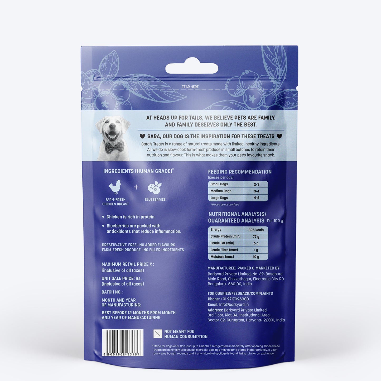 Sara's Doggie Treats - Dehydrated Chicken Jerky With Blueberry - 70 gm - Heads Up For Tails