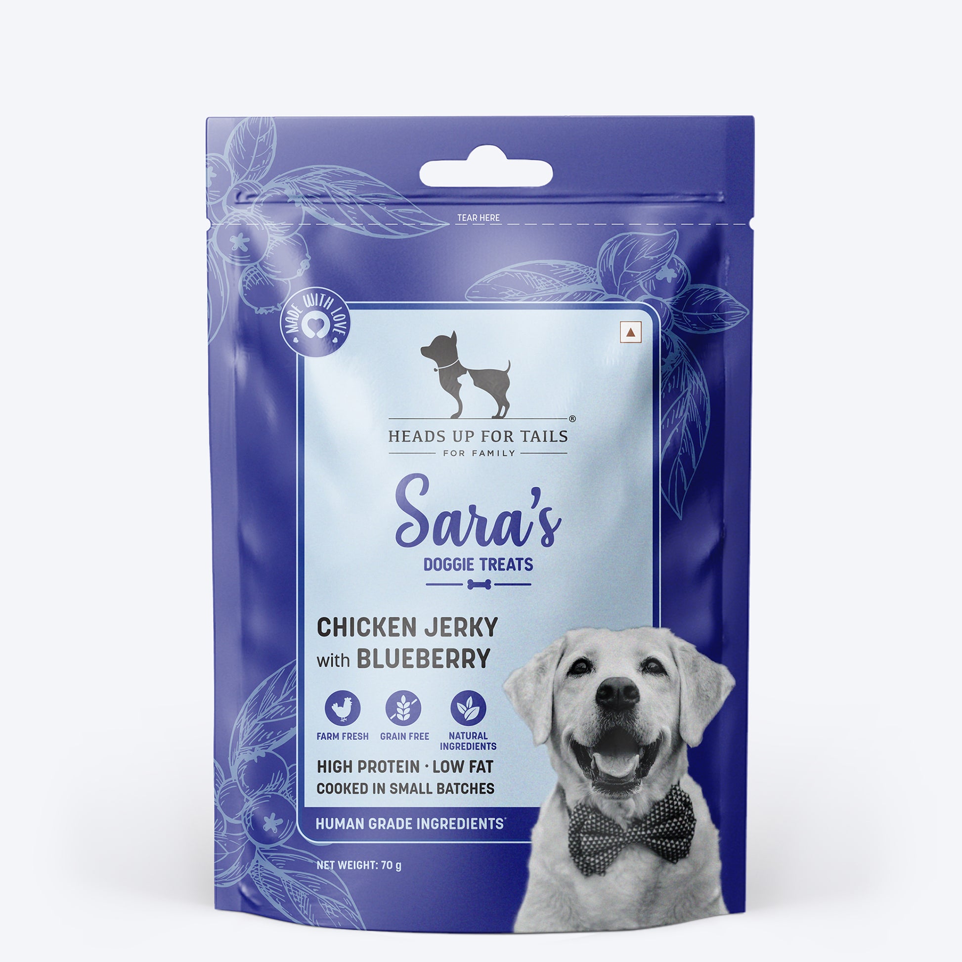Sara's Doggie Treats - Dehydrated Chicken Jerky With Blueberry - 70 gm - Heads Up For Tails