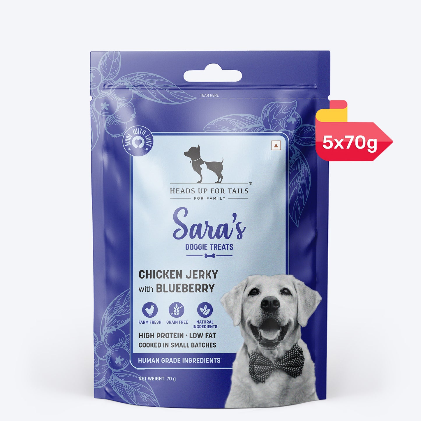 Sara's Doggie Treats - Dehydrated Chicken Jerky With Blueberry - 70 gm - Heads Up For Tails