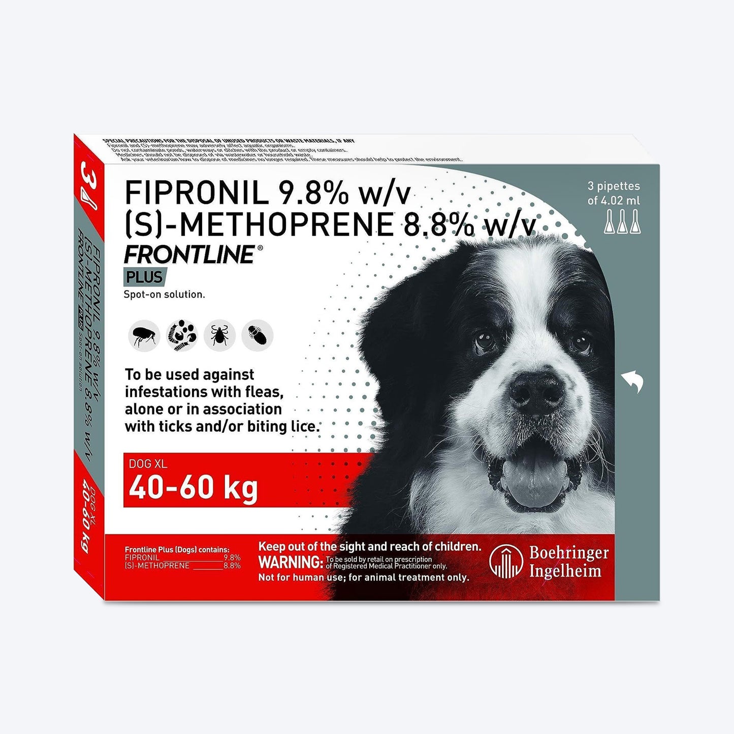 Frontline Plus Spot On Tick & Flea Solution For Dogs - Extra Large Breed (Over 40 Upto 60 kg) - Heads Up For Tails