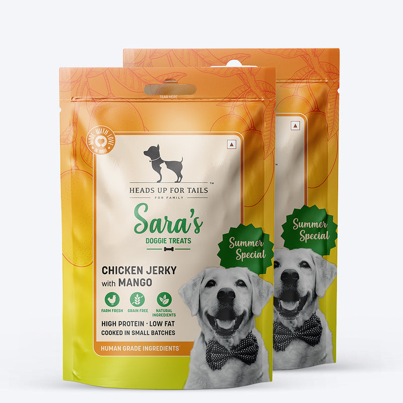 Sara's Doggie Treats Mango Chicken Jerky, 70 g, features high-protein, grain-free treats with natural ingredients.