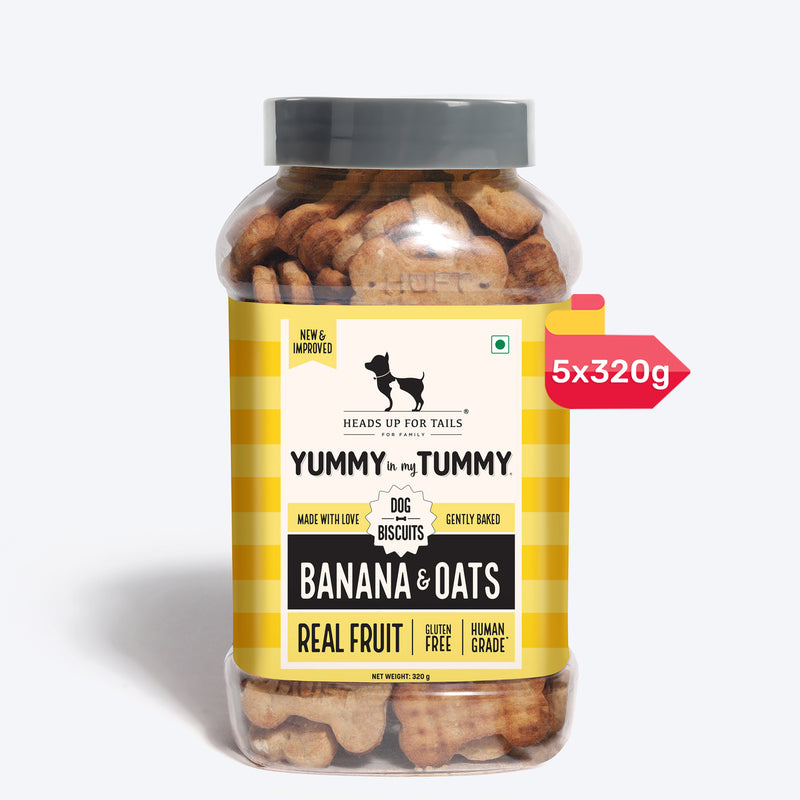 Heads Up for Tails Yummy in my Tummy Banana & Oats dog biscuits, gluten-free, 5-pack of 320g jars