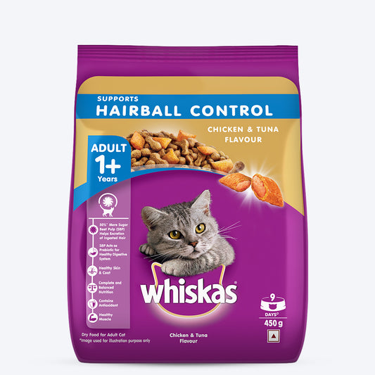 Whiskas  Chicken & Tuna Flavour Hairball Control Dry Cat Food for Adult Cats (1+ Years) - 450 g - Heads Up For Tails