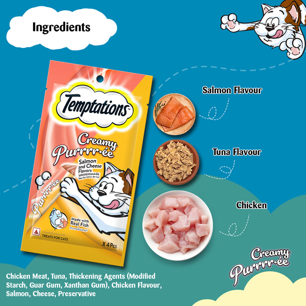 Temptations Creamy Purrrr-©e, Salmon & Cheese Flavour 48g (4 pieces) - Heads Up For Tails