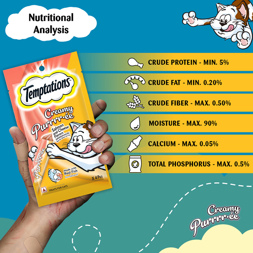 Temptations Creamy Purrrr-'©e, Salmon & Cheese Flavour 48g (4 pieces) - Heads Up For Tails