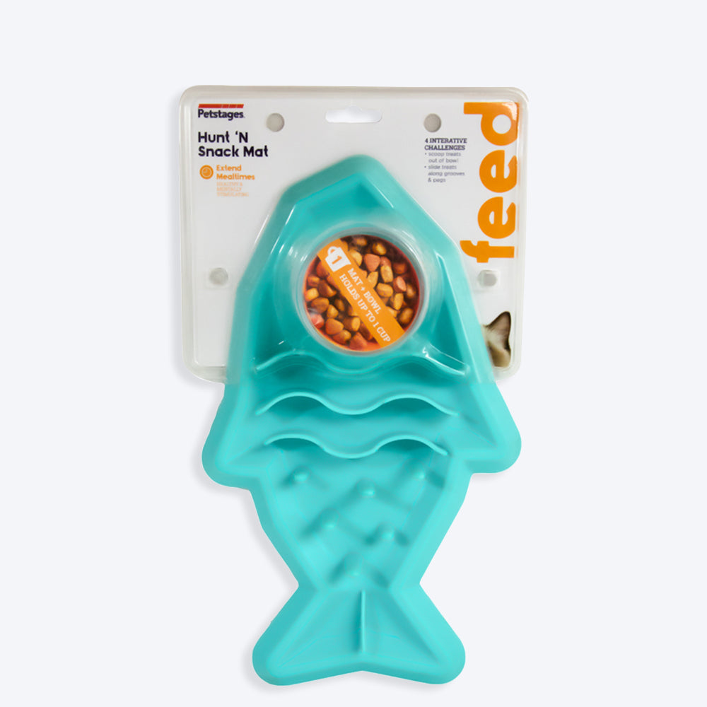 Petstages Hunt N Snack Mat Cat Slow Feeder - Blue - Heads Up For Tails