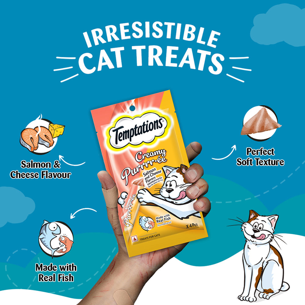 Temptations Creamy Purrrr-'©e, Salmon & Cheese Flavour 48g (4 pieces) - Heads Up For Tails