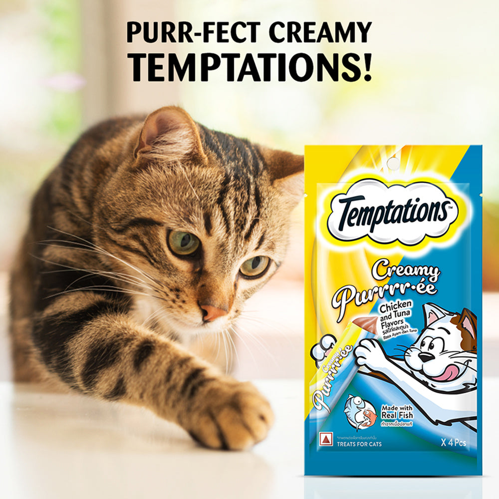 Temptations Creamy Purrrr-ee Cat Treats, Chicken & Tuna Flavors - Heads Up For Tails