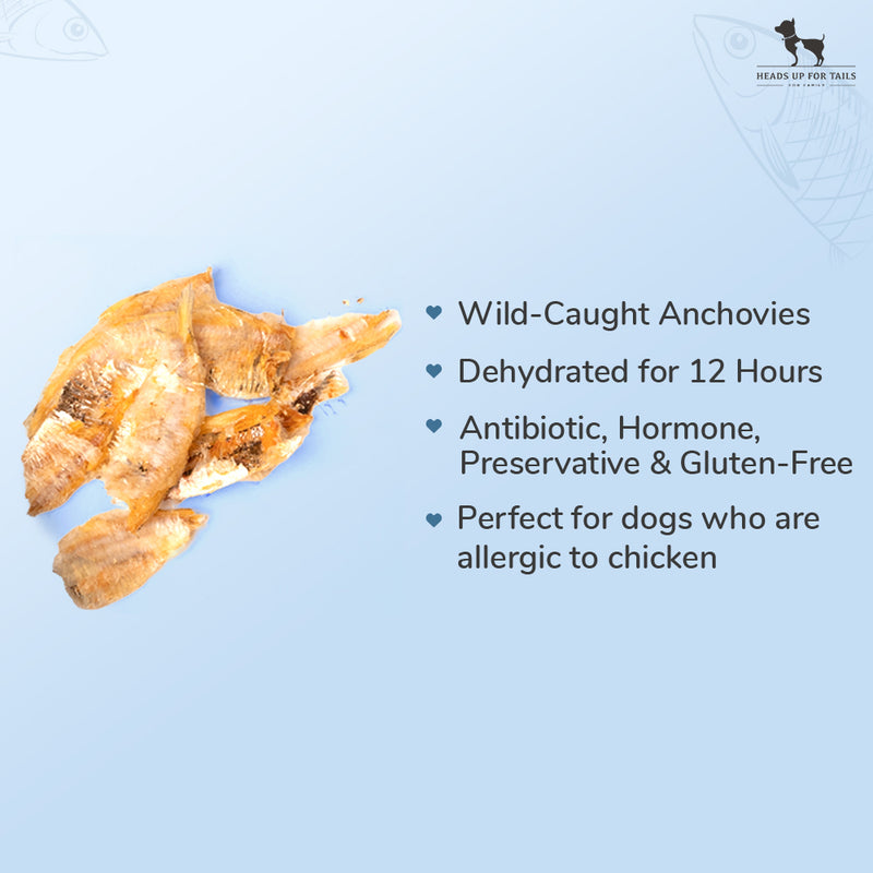 Sara's Doggie Treats Dehydrated Anchovies, 70 g, high protein, grain-free, human-grade ingredients, packaged in a resealable