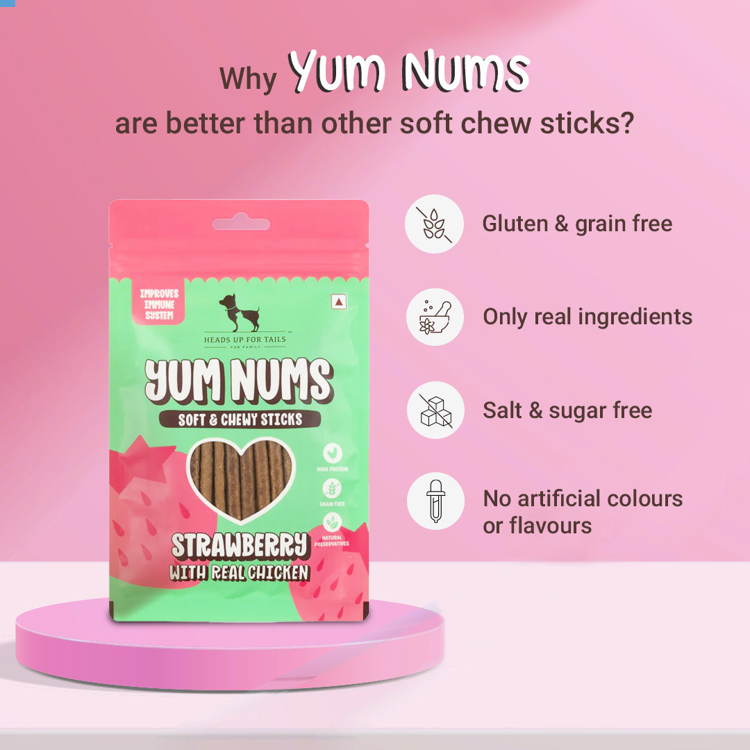 HUFT Yum Nums Soft & Chewy Sticks Strawberry with Real Chicken Treat For Dogs - 75g - Heads Up For Tails