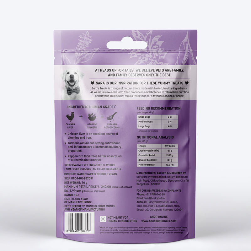 Sara's Doggie Treats Chicken Liver Jerky with Turmeric, 70 g, featuring a purple packaging and images of ingredients.