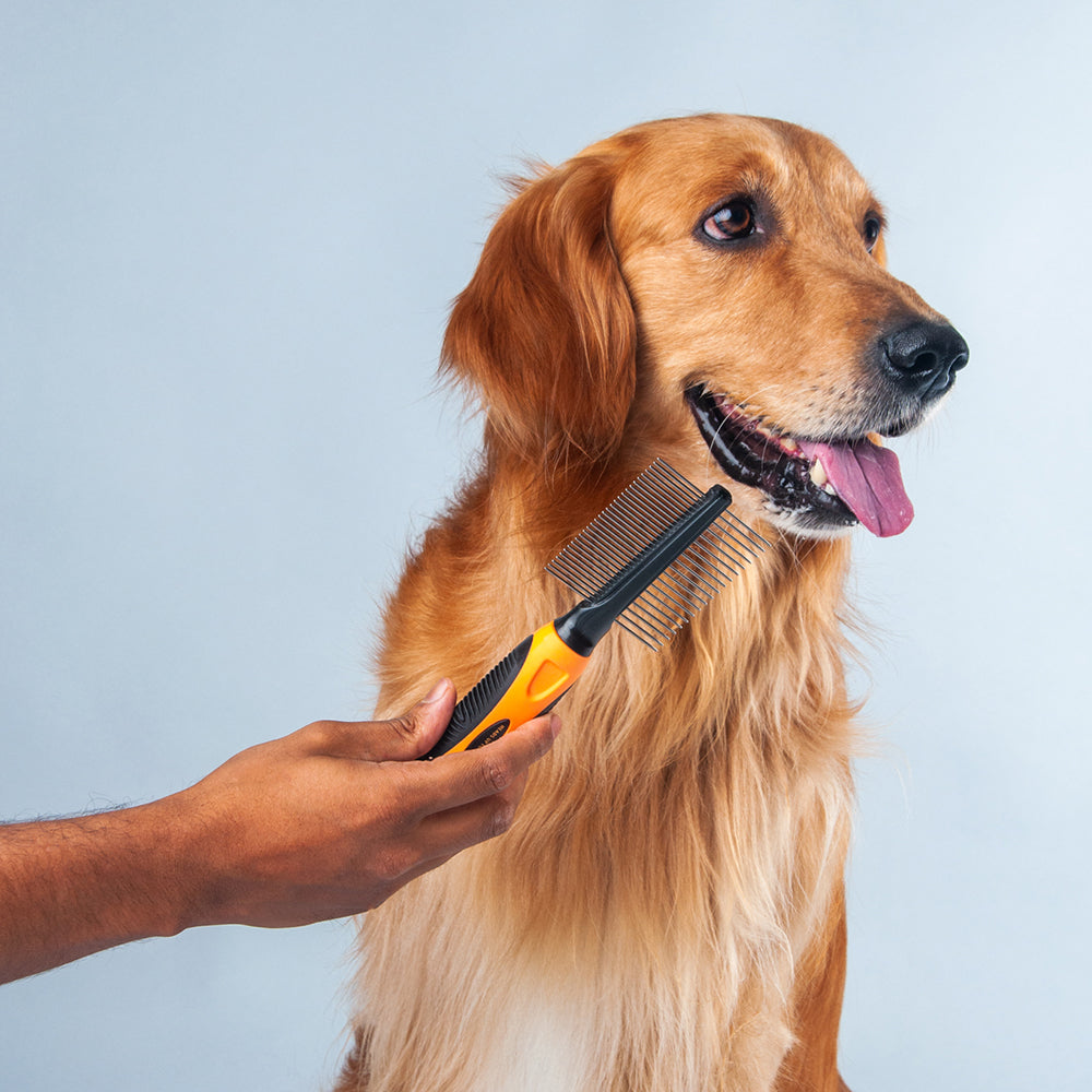 HUFT Double Sided Steel Comb for Cats & Dogs - Orange - Heads Up For Tails