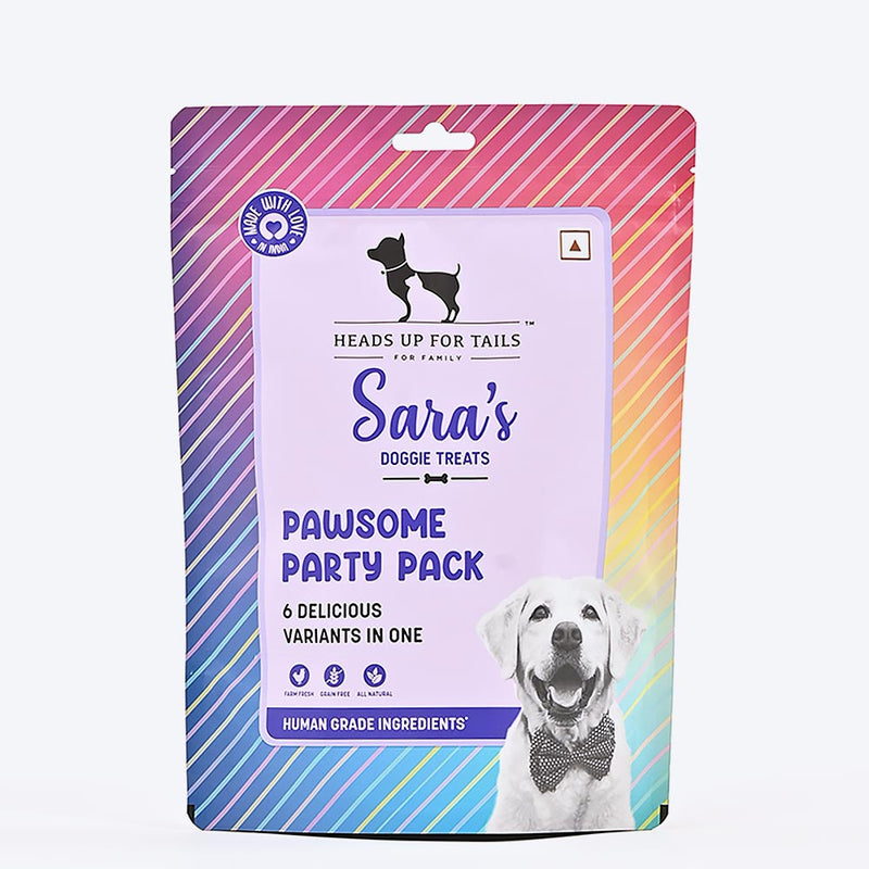 Sara's Doggie Treats Pawsome Party Pack, 200 gm, features 6 delicious variants for dogs, with a colorful packaging design.