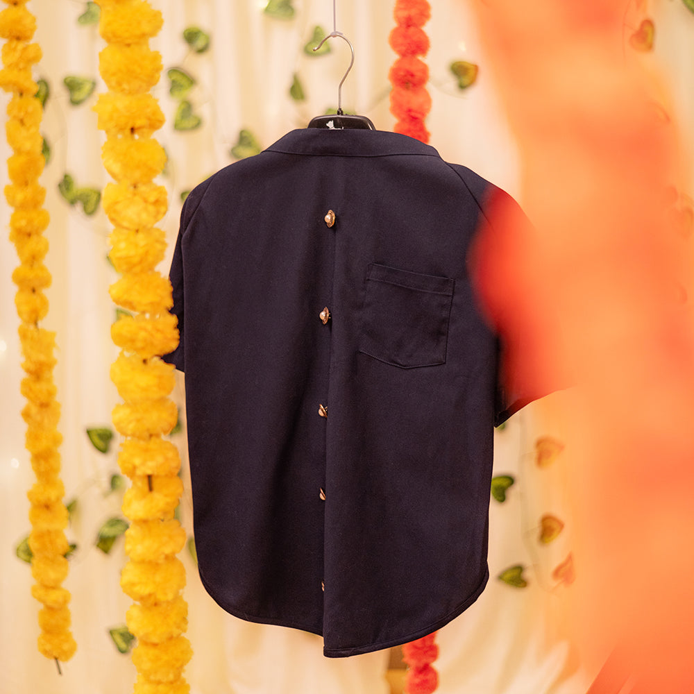 HUFT Personalised Navy Blue Bandh Gala with Pocket Square and Pearl Buttons - Heads Up For Tails