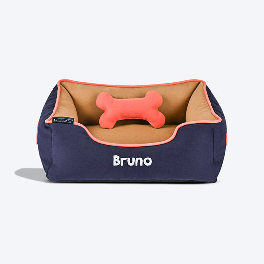 HUFT Personalised Lounger Dog Bed (Free Bone Cushion) - Navy With Brown_01