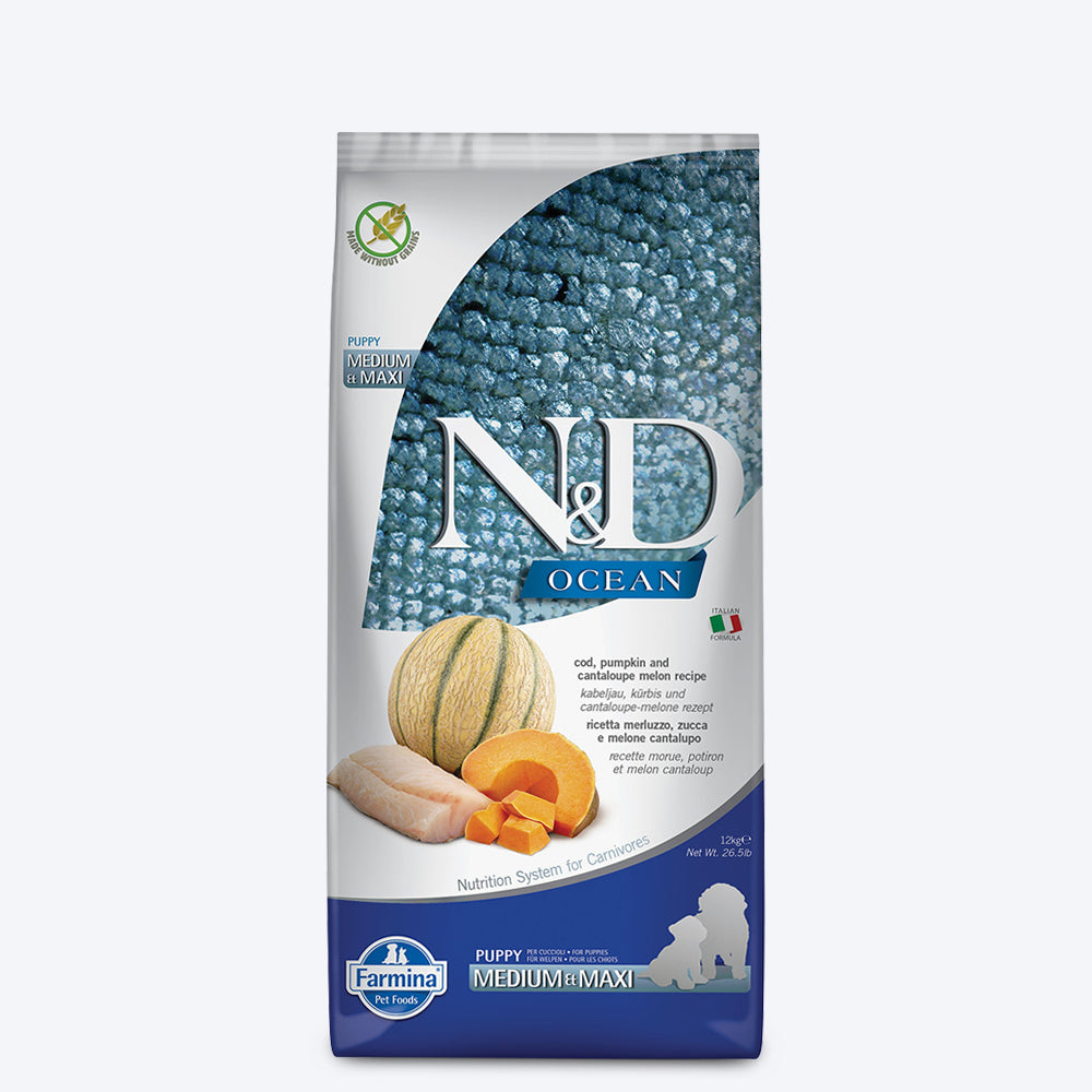 Farmina N&D Ocean COD Pumpkin & Cantaloupe Melon Grain Free Dry Puppy Food - Medium Maxi Breed - Heads Up For Tails