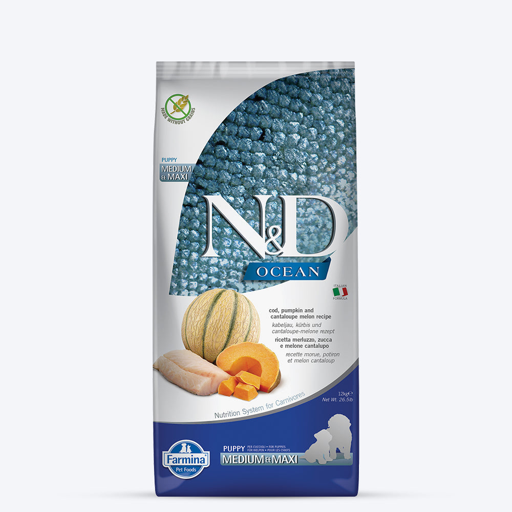 Farmina N&D Ocean COD Pumpkin & Cantaloupe Melon Grain Free Dry Puppy Food - Medium & Maxi Breed - Heads Up For Tails