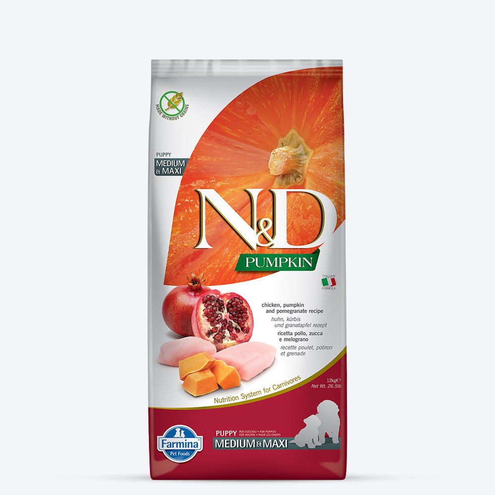Farmina N&D Pumpkin Chicken & Pomegranate Grain Free Dry Puppy Food - Medium & Maxi Breed - Heads Up For Tails