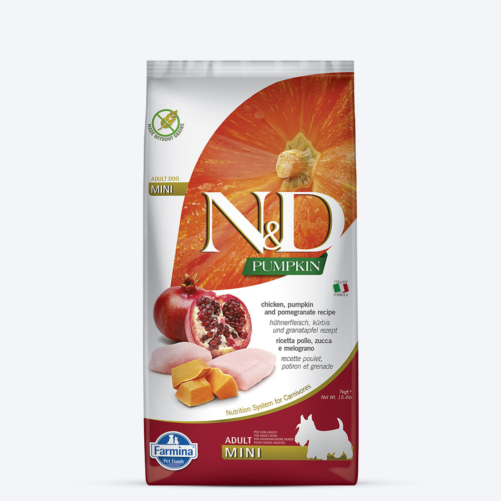 Farmina N&D Pumpkin Chicken & Pomegranate Grain Free Mini Breed Adult Dry Dog Food - Heads Up For Tails