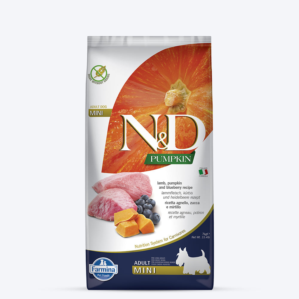 Farmina N&D Pumpkin Lamb & Blueberry Grain Free Mini Breed Adult Dry Dog Food - Heads Up For Tails