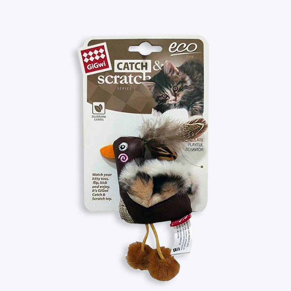 GiGwi Duck Catch And Scratch Ecoline With Slivervine Leaves And Leatherette Cat Toy - Heads Up For Tails