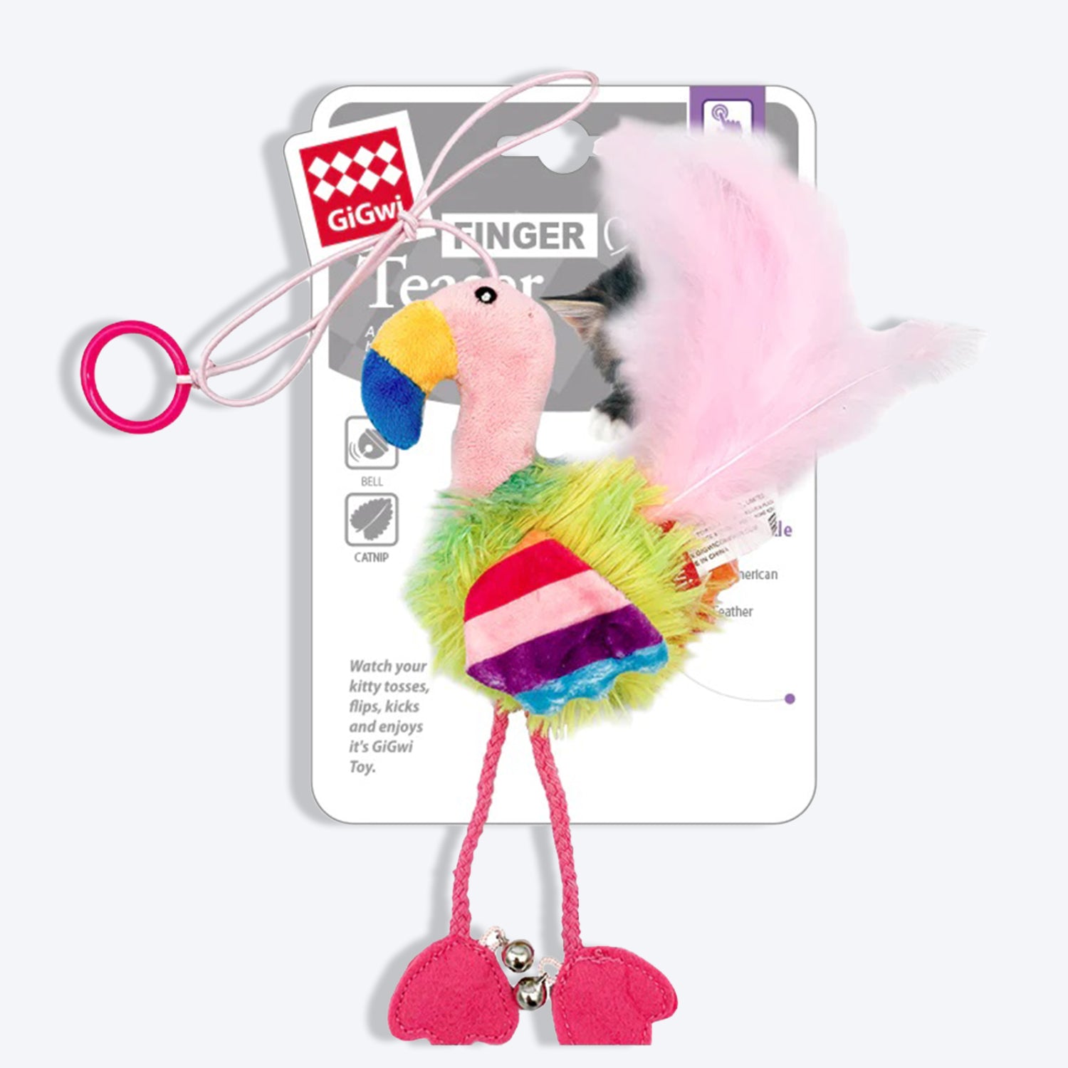 GiGwi Interactive Cat Toy - Finger Ring Bird Blue & Pink with Crinkle paper and Bell Inside - Heads Up For Tails