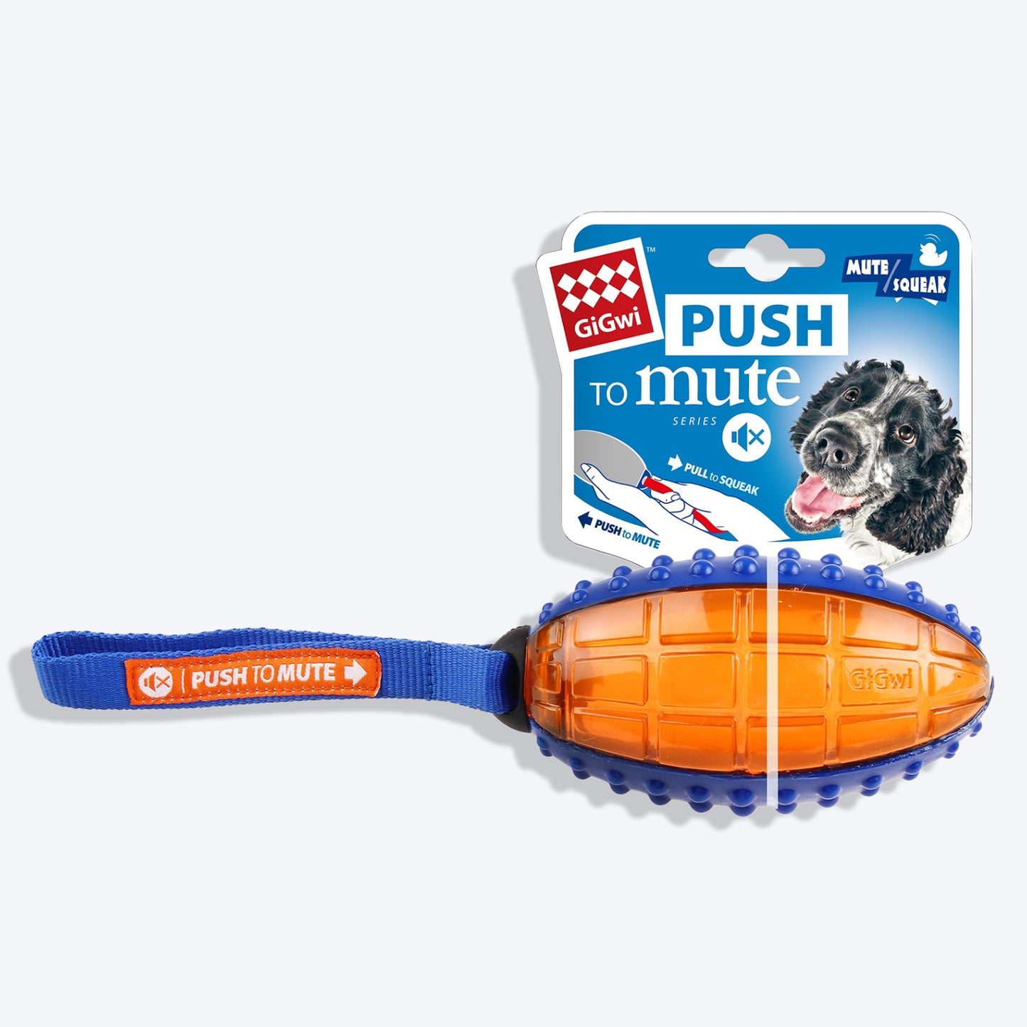 GiGwi Push To Mute Dog Chew Toy - Rugby Ball (Solid/Transparent) - Blue/Orange - Heads Up For Tails
