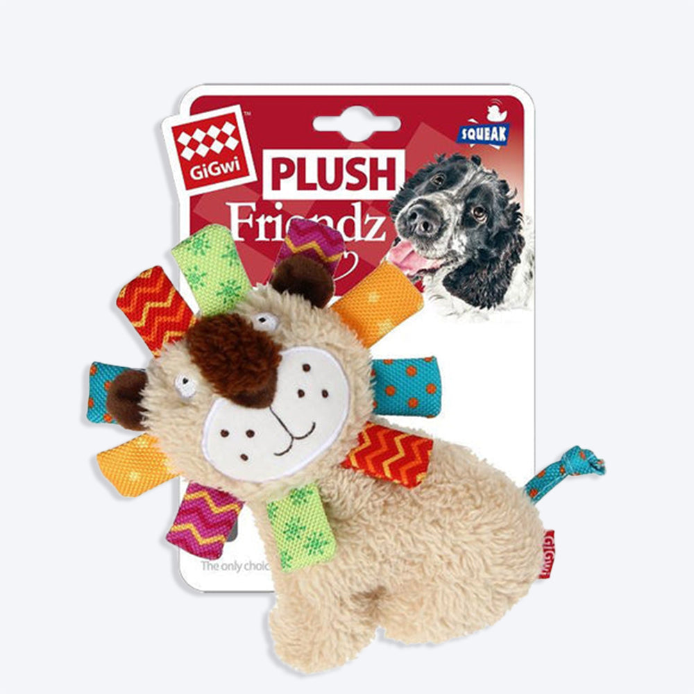 GiGwi Lion Friendz With Squeaky Dog Plush Toy - Beige - Heads Up For Tails